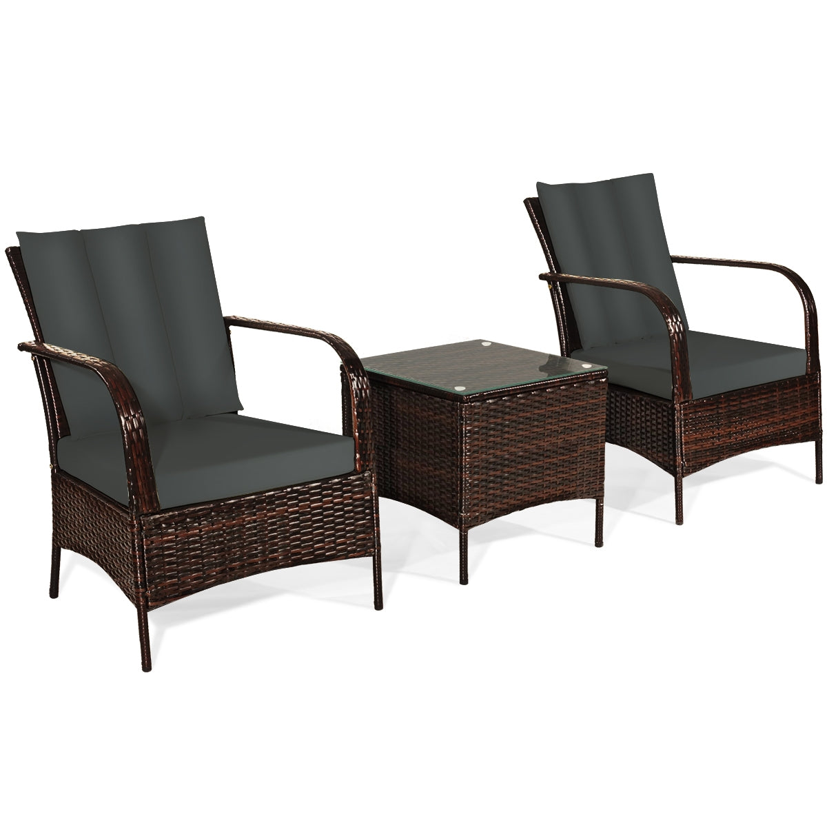 3 Pieces Patio Conversation Rattan Furniture Set with Cushions-GrayÂ