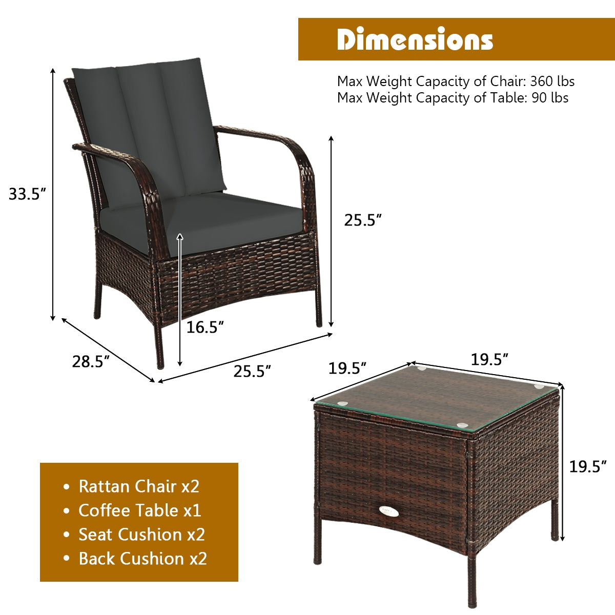 3 Pieces Patio Conversation Rattan Furniture Set with Cushions-GrayÂ