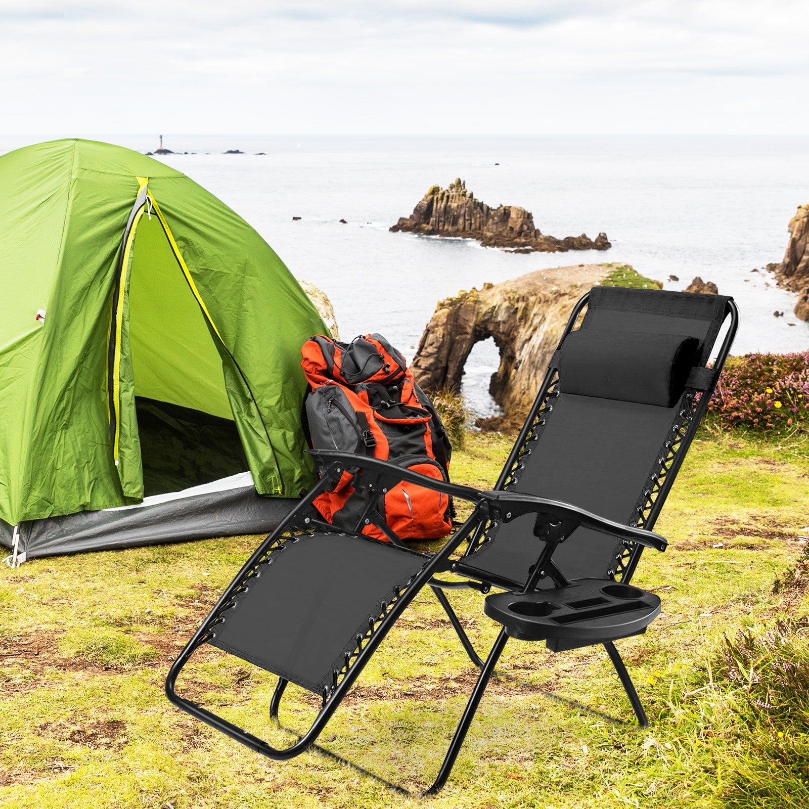 Outdoor Folding Zero Gravity Reclining Lounge Chair with Utility Tray-BlackÂ