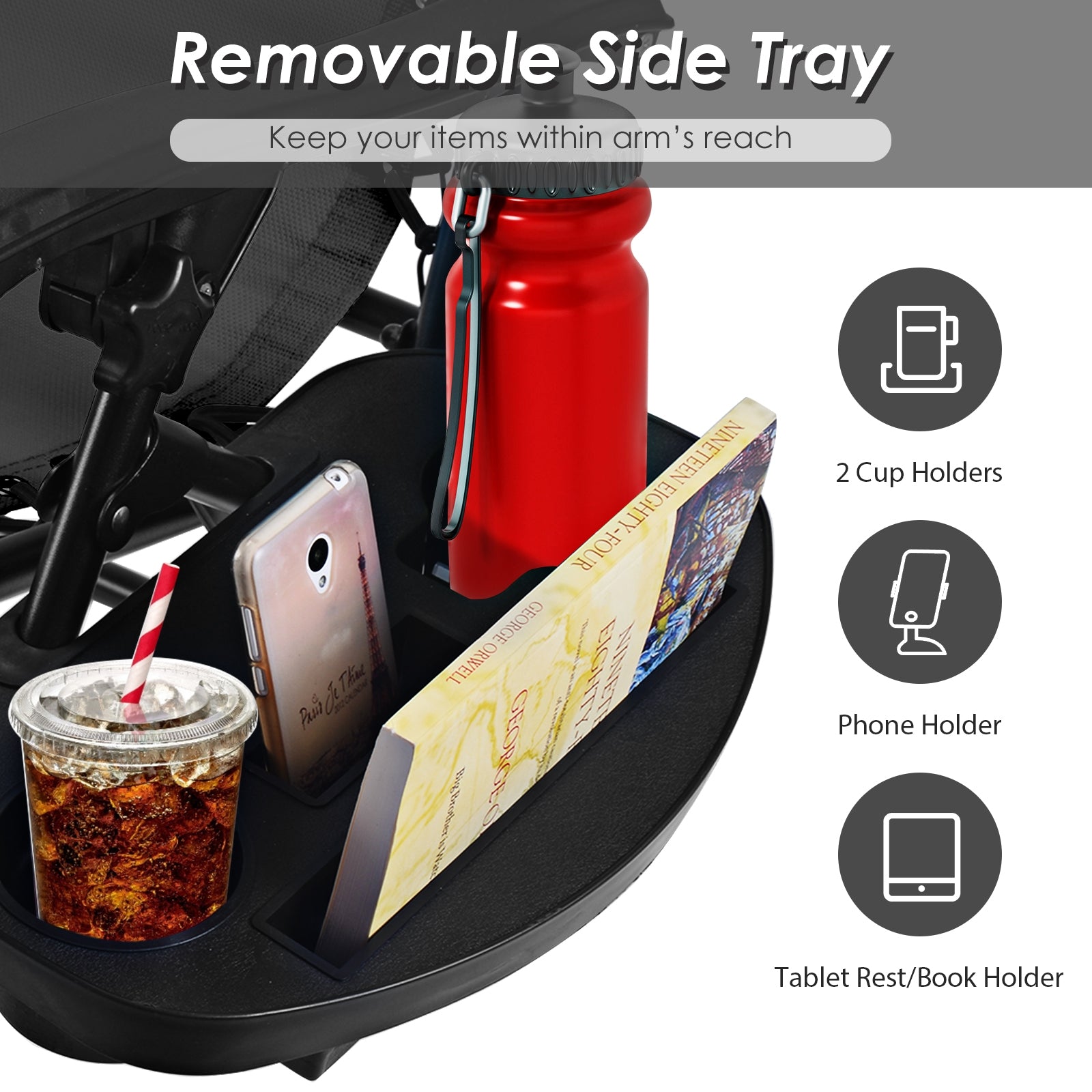 Outdoor Folding Zero Gravity Reclining Lounge Chair with Utility Tray-BlackÂ