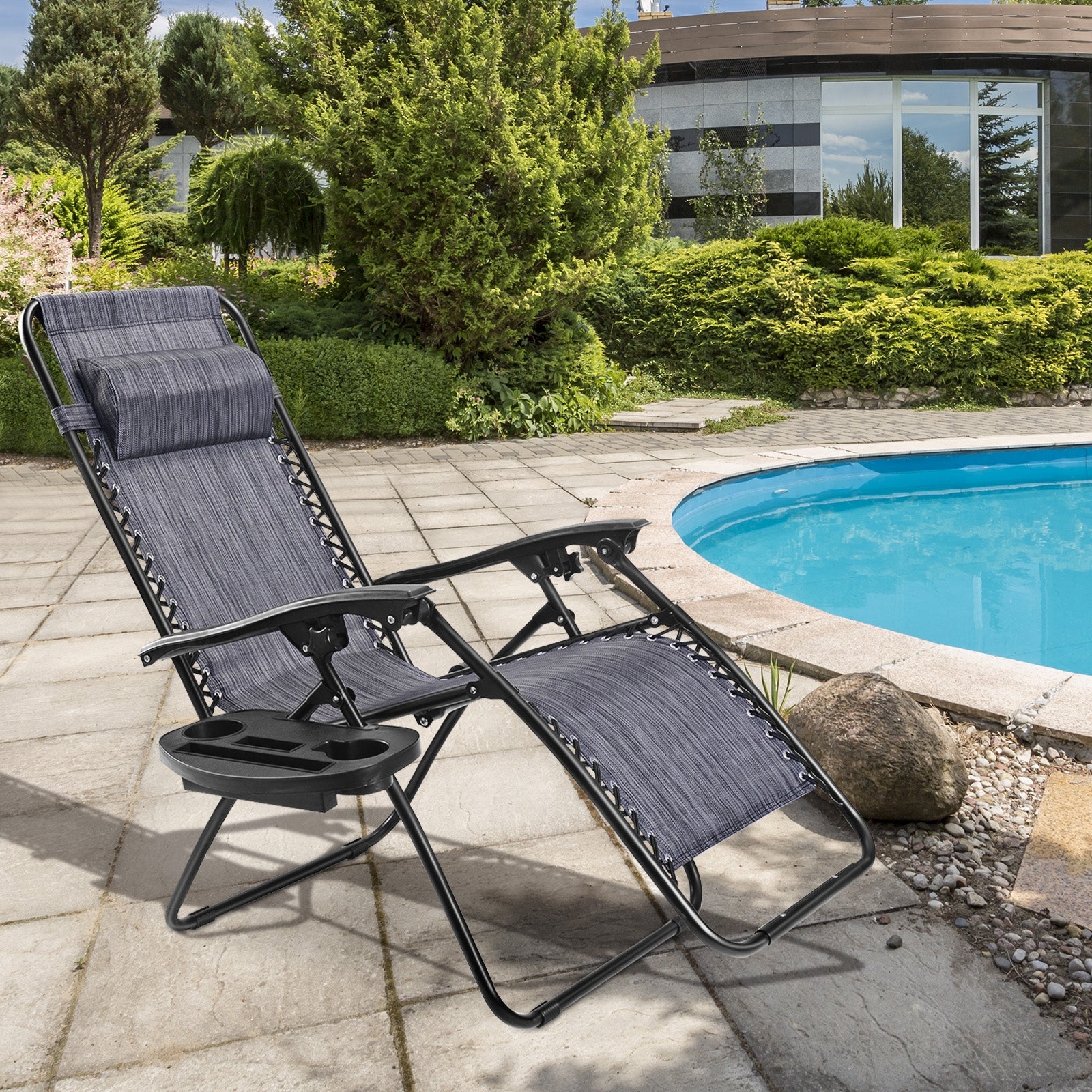 Outdoor Folding Zero Gravity Reclining Lounge Chair with Utility Tray-GrayÂ