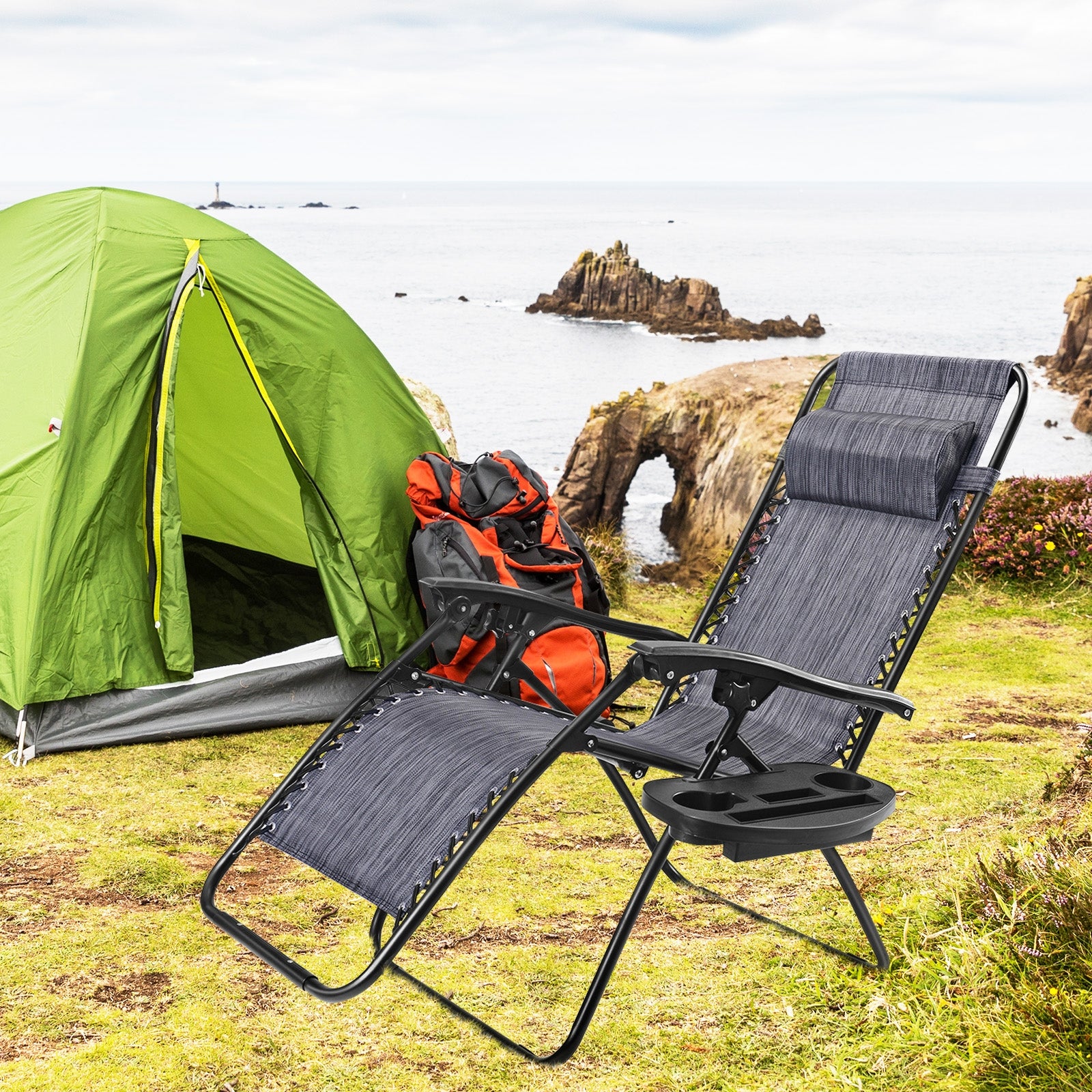 Outdoor Folding Zero Gravity Reclining Lounge Chair with Utility Tray-GrayÂ