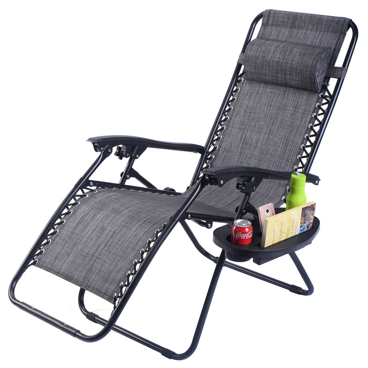 Outdoor Folding Zero Gravity Reclining Lounge Chair with Utility Tray-GrayÂ