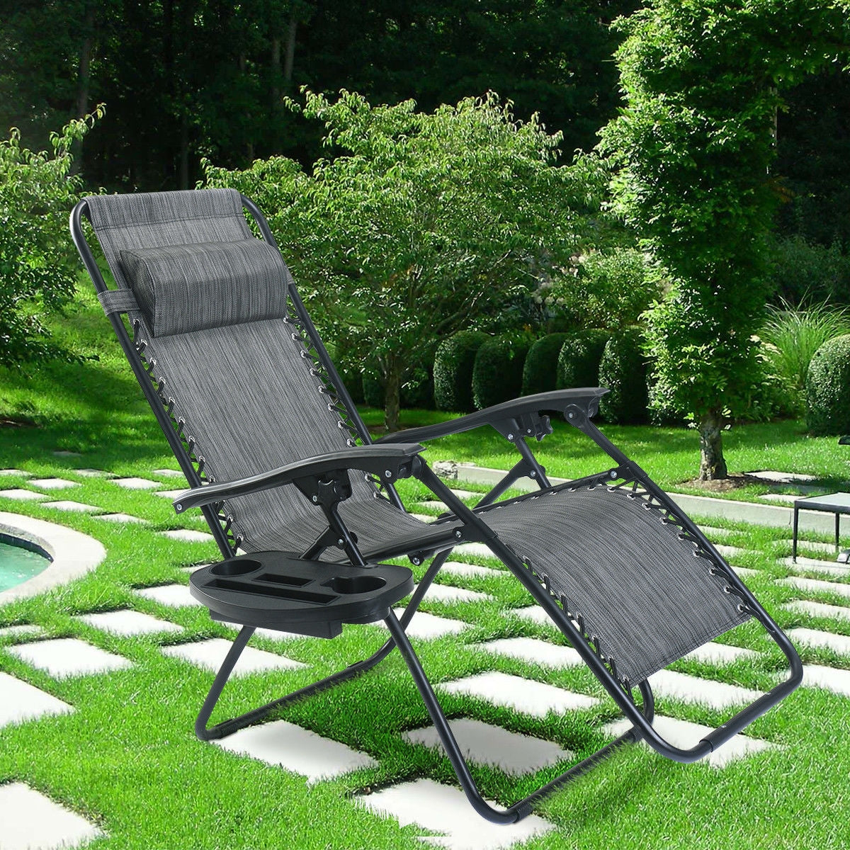 Outdoor Folding Zero Gravity Reclining Lounge Chair with Utility Tray-GrayÂ