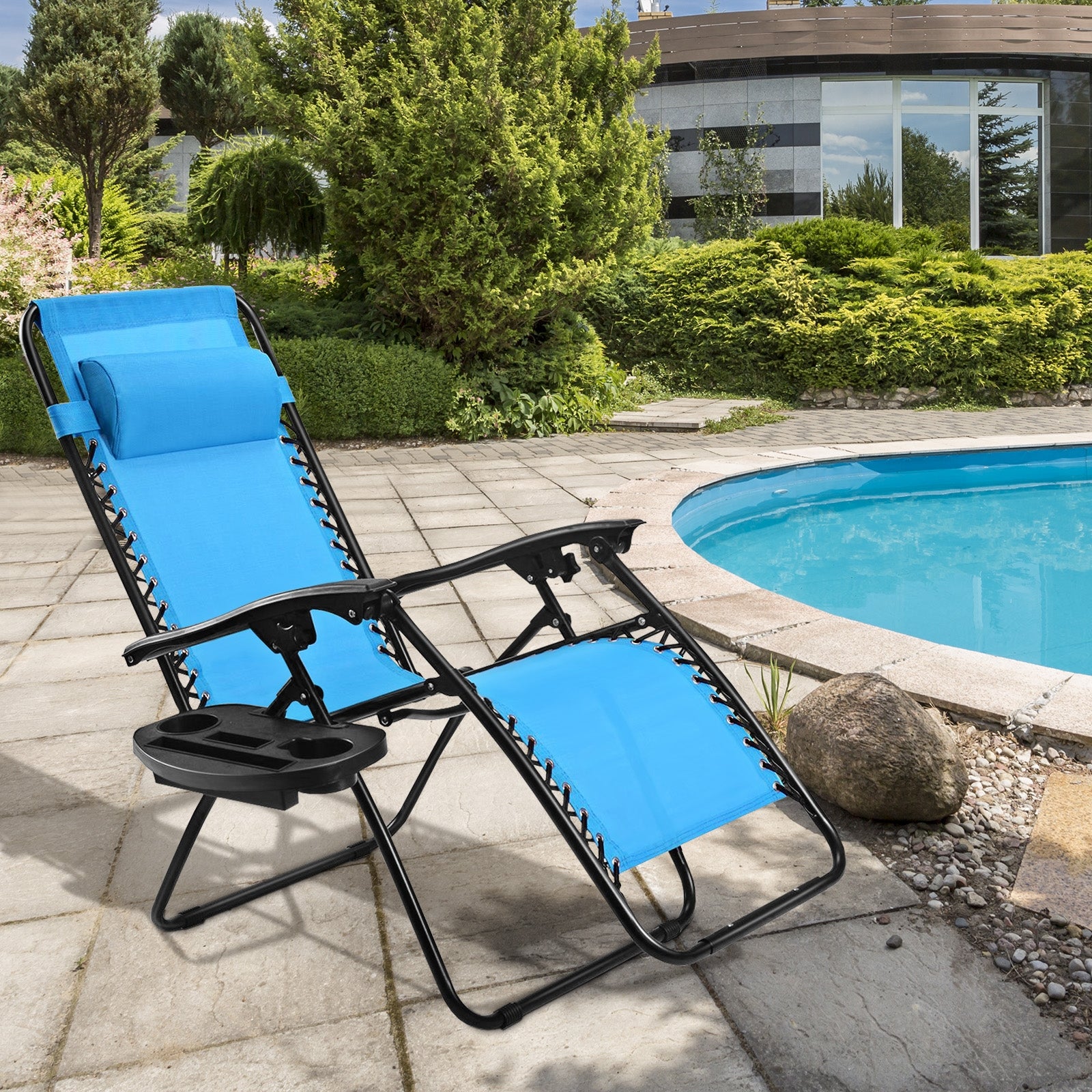 Outdoor Folding Zero Gravity Reclining Lounge Chair with Utility Tray-Light BlueÂ