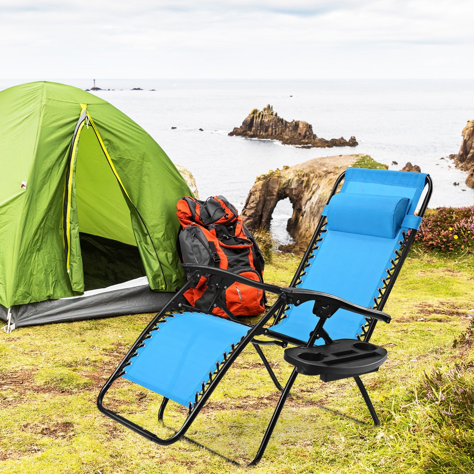 Outdoor Folding Zero Gravity Reclining Lounge Chair with Utility Tray-Light BlueÂ