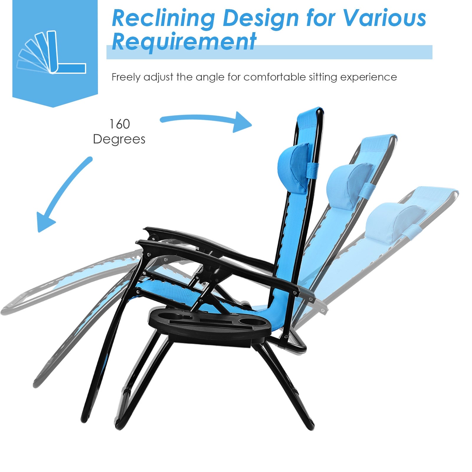 Outdoor Folding Zero Gravity Reclining Lounge Chair with Utility Tray-Light BlueÂ