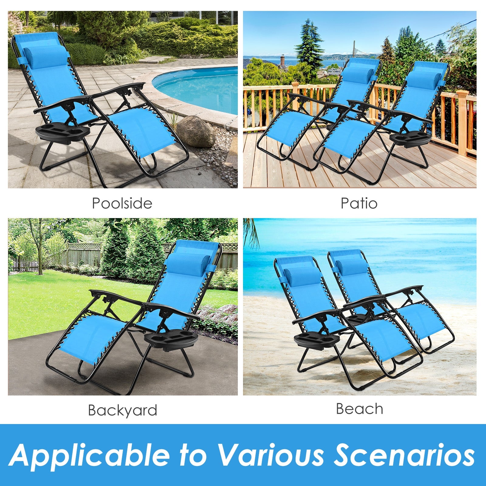 Outdoor Folding Zero Gravity Reclining Lounge Chair with Utility Tray-Light BlueÂ