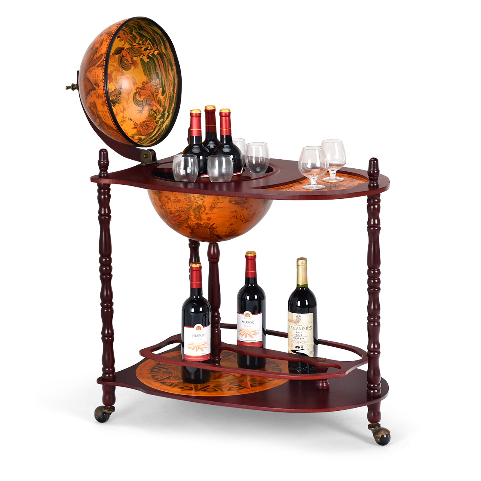Vintage Globe Rolling Wine Bar Cart with Extra ShelfÂ