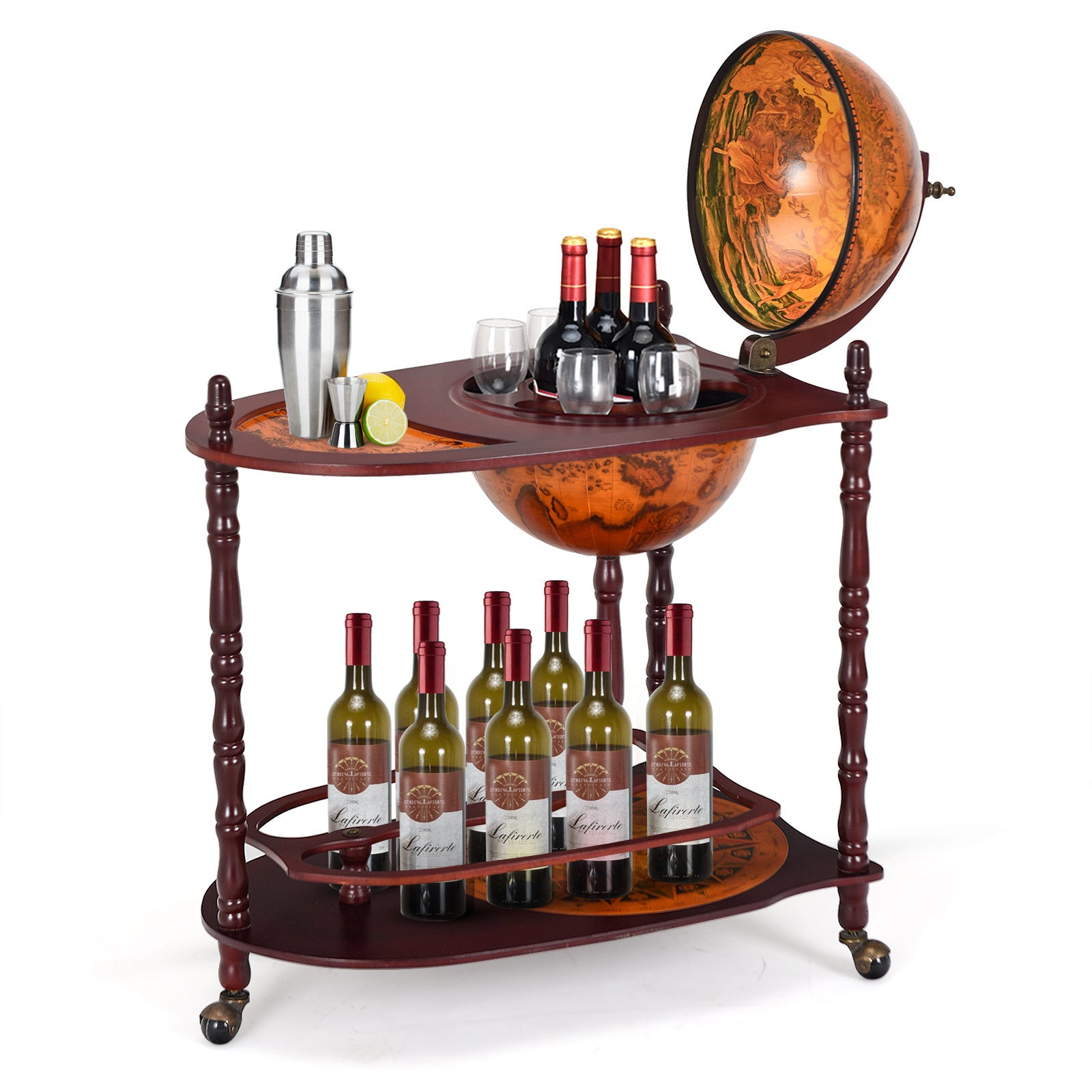 Vintage Globe Rolling Wine Bar Cart with Extra ShelfÂ