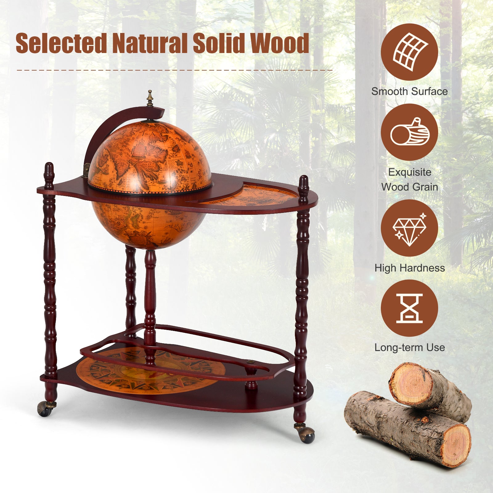 Vintage Globe Rolling Wine Bar Cart with Extra ShelfÂ