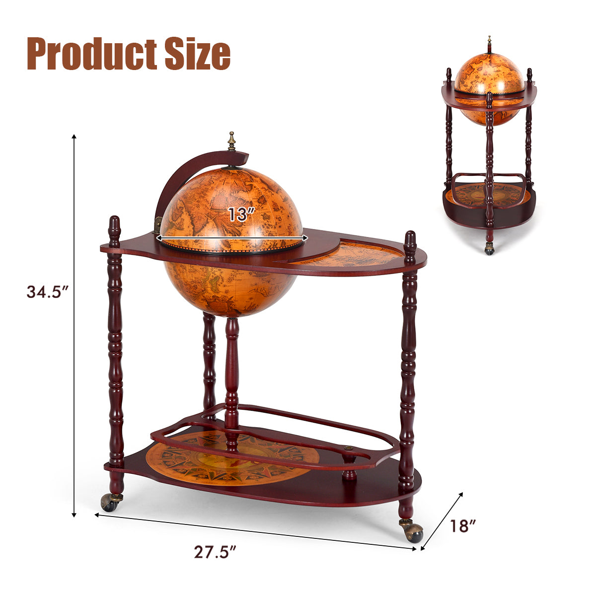 Vintage Globe Rolling Wine Bar Cart with Extra ShelfÂ