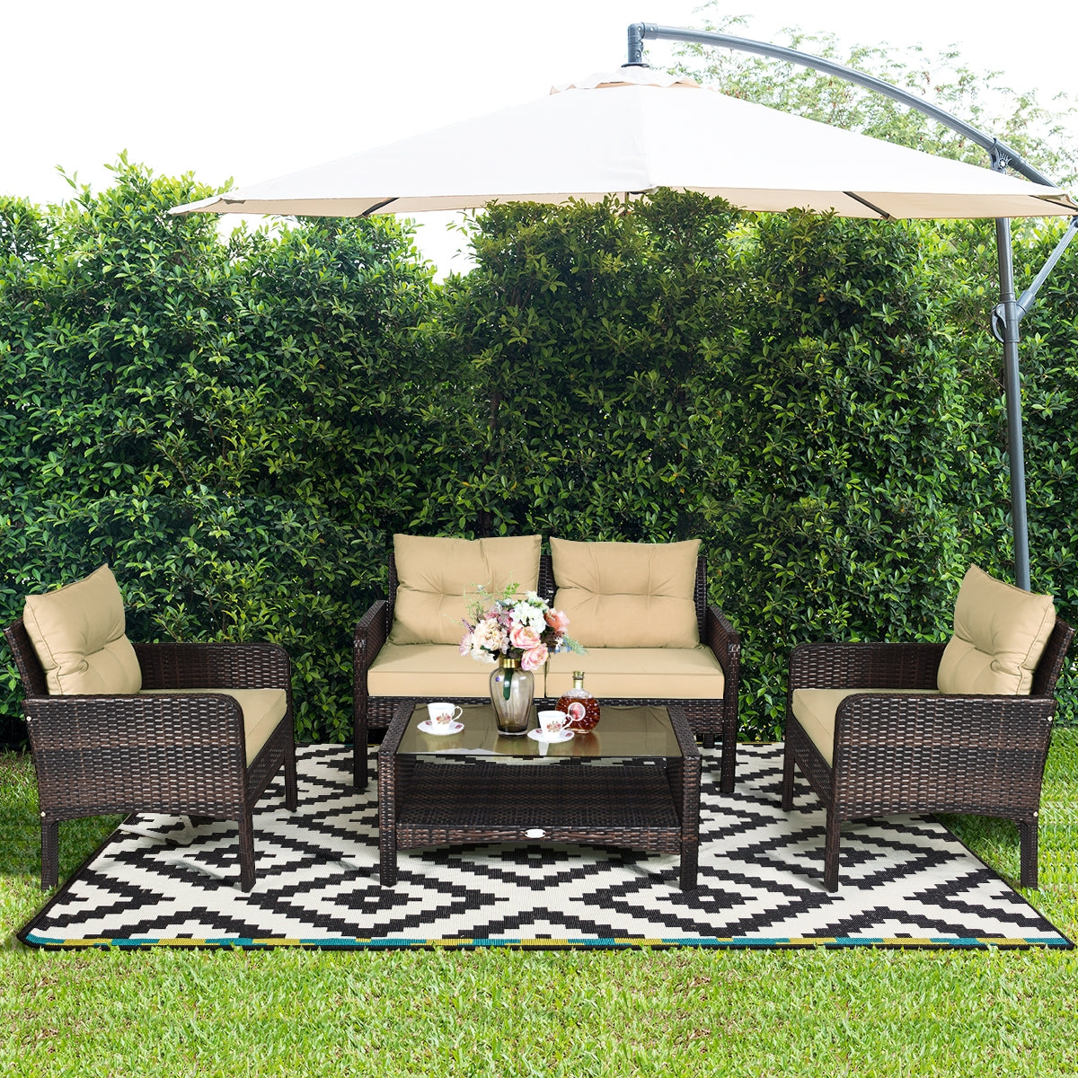 4 Pieces Patio Rattan Free Combination Sofa Set with Cushion and Coffee TableÂ