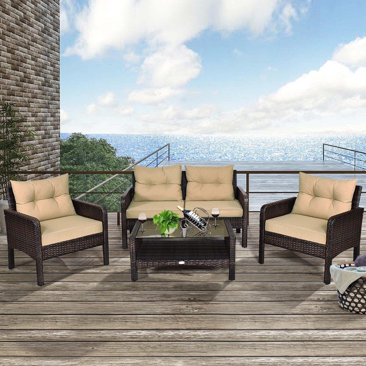 4 Pieces Patio Rattan Free Combination Sofa Set with Cushion and Coffee TableÂ
