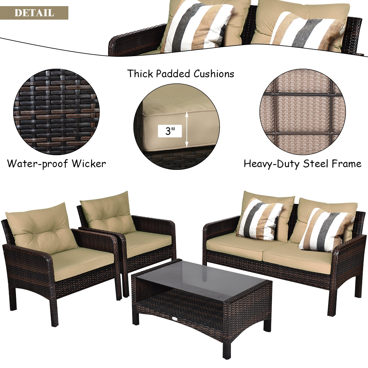 4 Pieces Patio Rattan Free Combination Sofa Set with Cushion and Coffee TableÂ