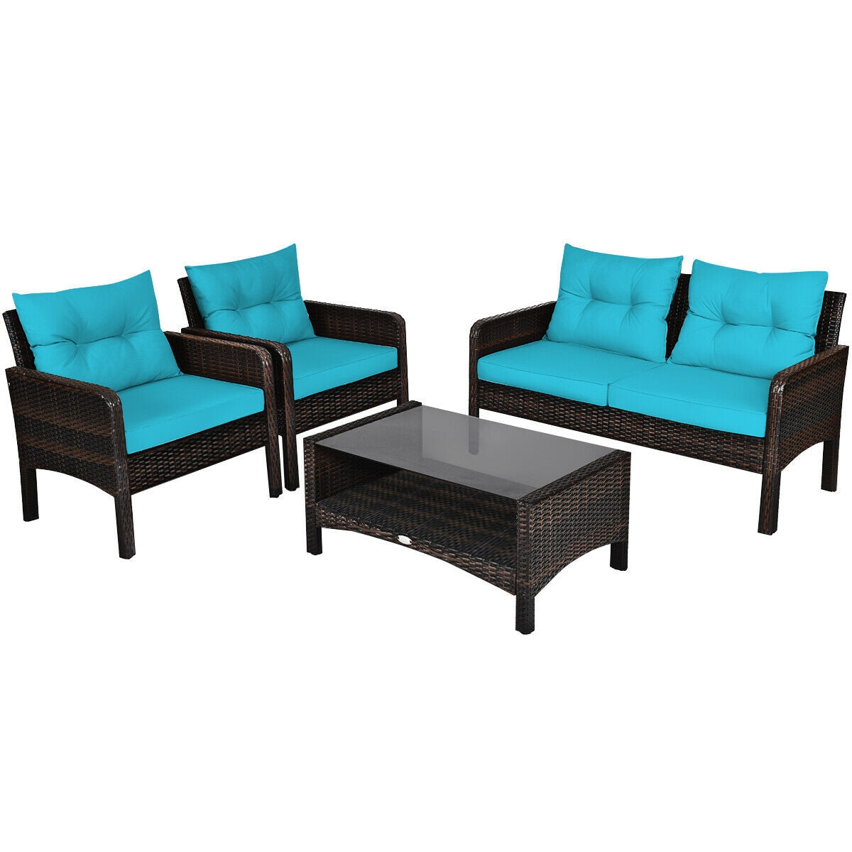 4 Pcs Outdoor Rattan Wicker Loveseat Furniture Set with Cushions-TurquoiseÂ