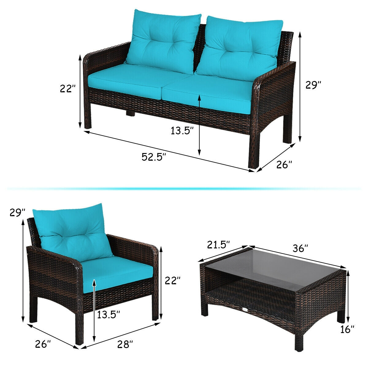 4 Pcs Outdoor Rattan Wicker Loveseat Furniture Set with Cushions-TurquoiseÂ