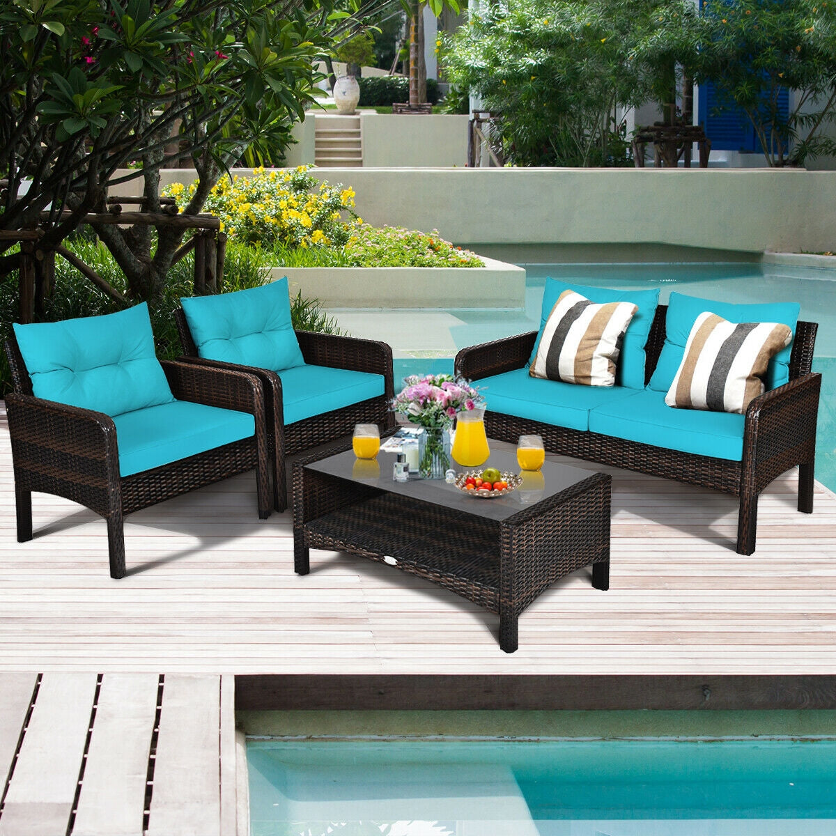 4 Pcs Outdoor Rattan Wicker Loveseat Furniture Set with Cushions-TurquoiseÂ