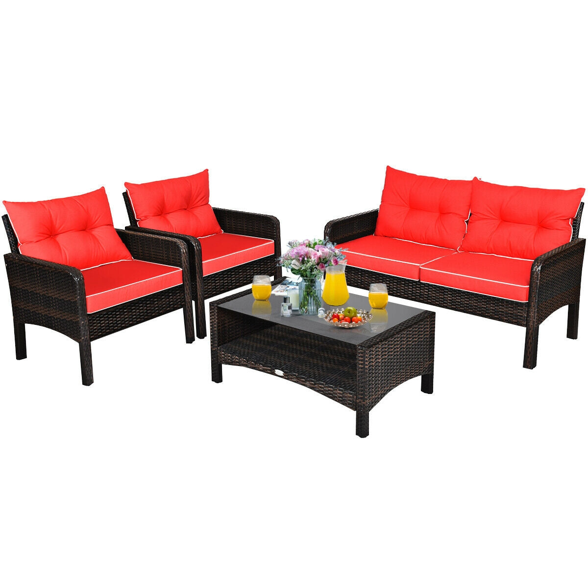 4 Pcs Outdoor Rattan Wicker Loveseat Furniture Set with Cushions-RedÂ