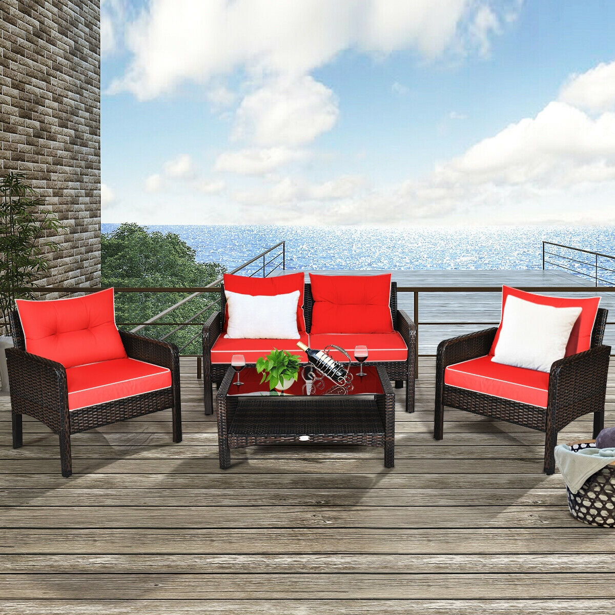 4 Pcs Outdoor Rattan Wicker Loveseat Furniture Set with Cushions-RedÂ
