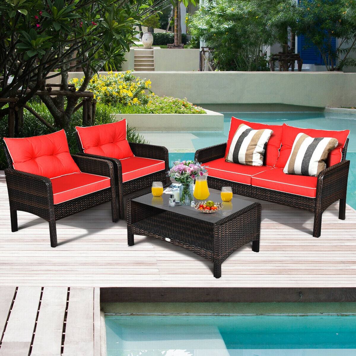 4 Pcs Outdoor Rattan Wicker Loveseat Furniture Set with Cushions-RedÂ
