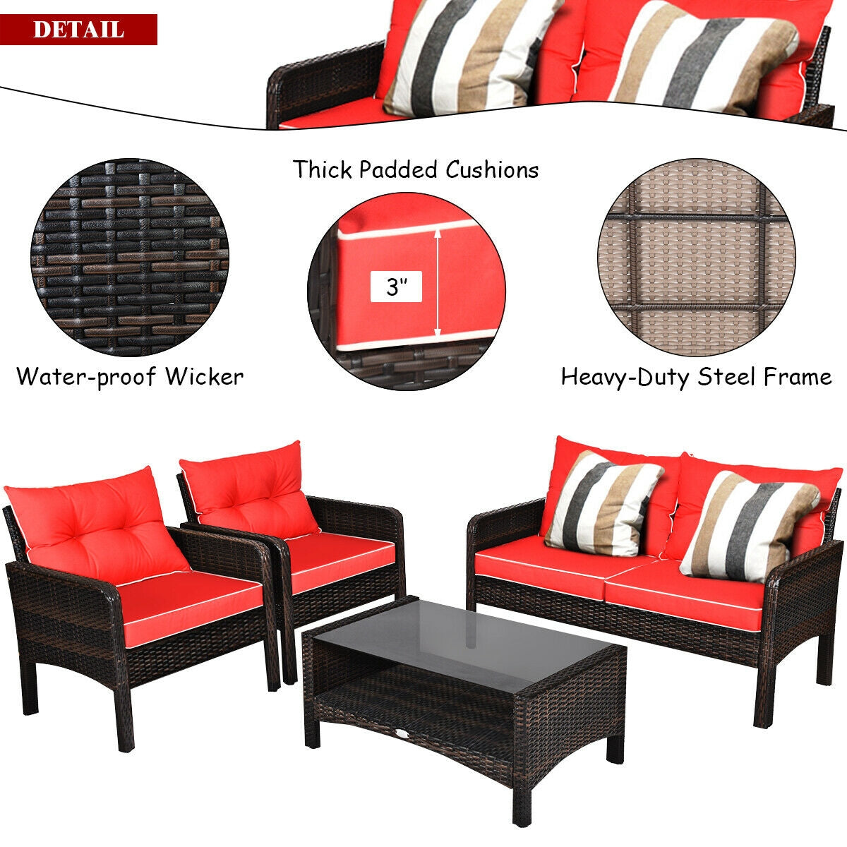 4 Pcs Outdoor Rattan Wicker Loveseat Furniture Set with Cushions-RedÂ