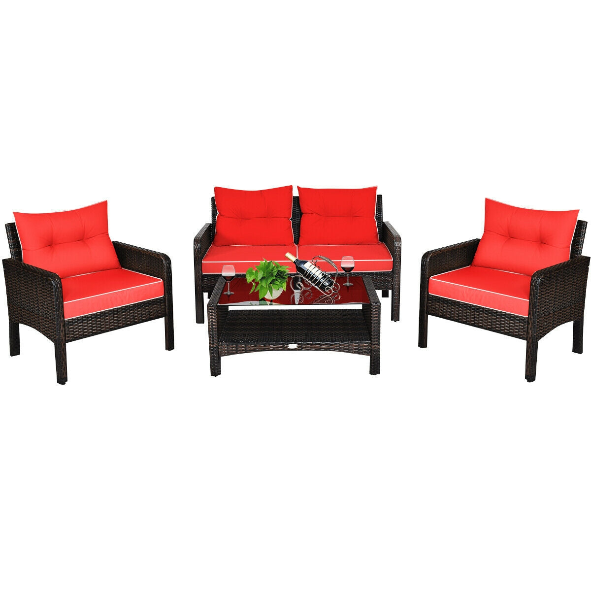 4 Pcs Outdoor Rattan Wicker Loveseat Furniture Set with Cushions-RedÂ