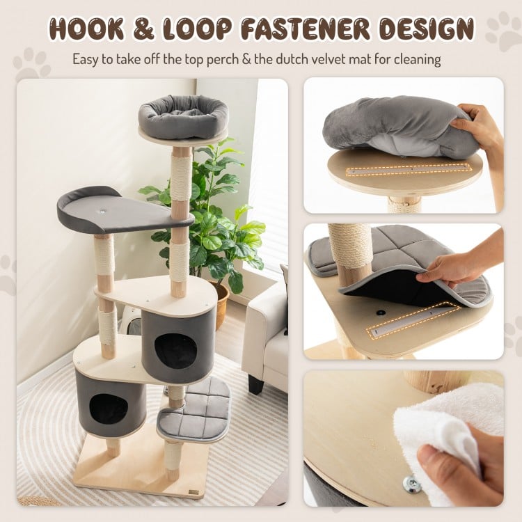 6-Tier Wooden Cat Tree with 2 Removeable Condos Platforms and Perch-Gray