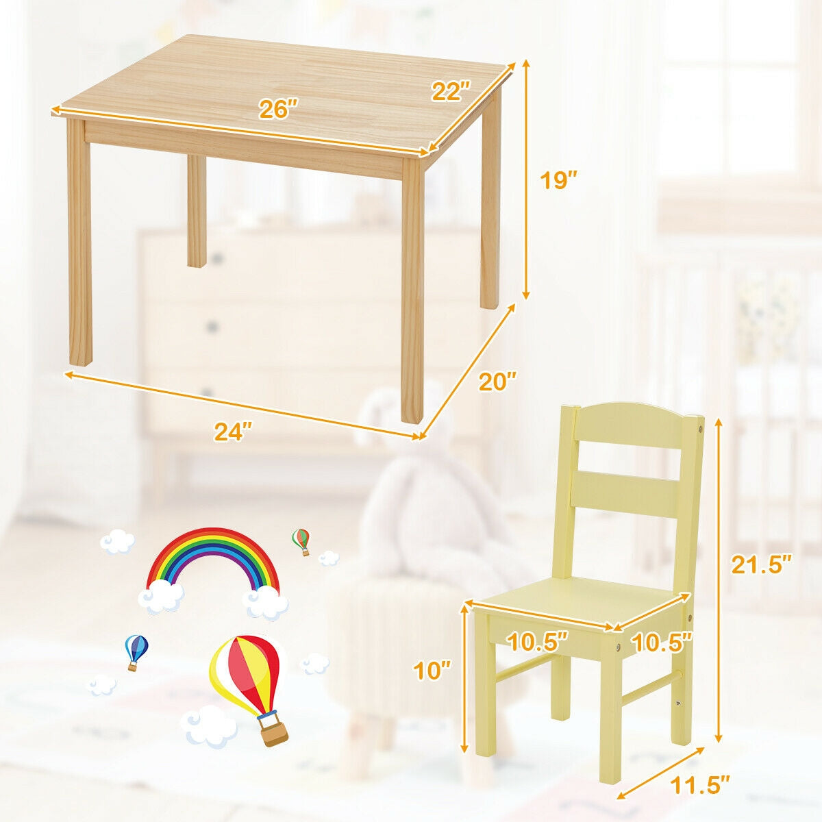 5 Pieces Kids Pine Wood Multicolor Table Chair Set-MulticolorÂ