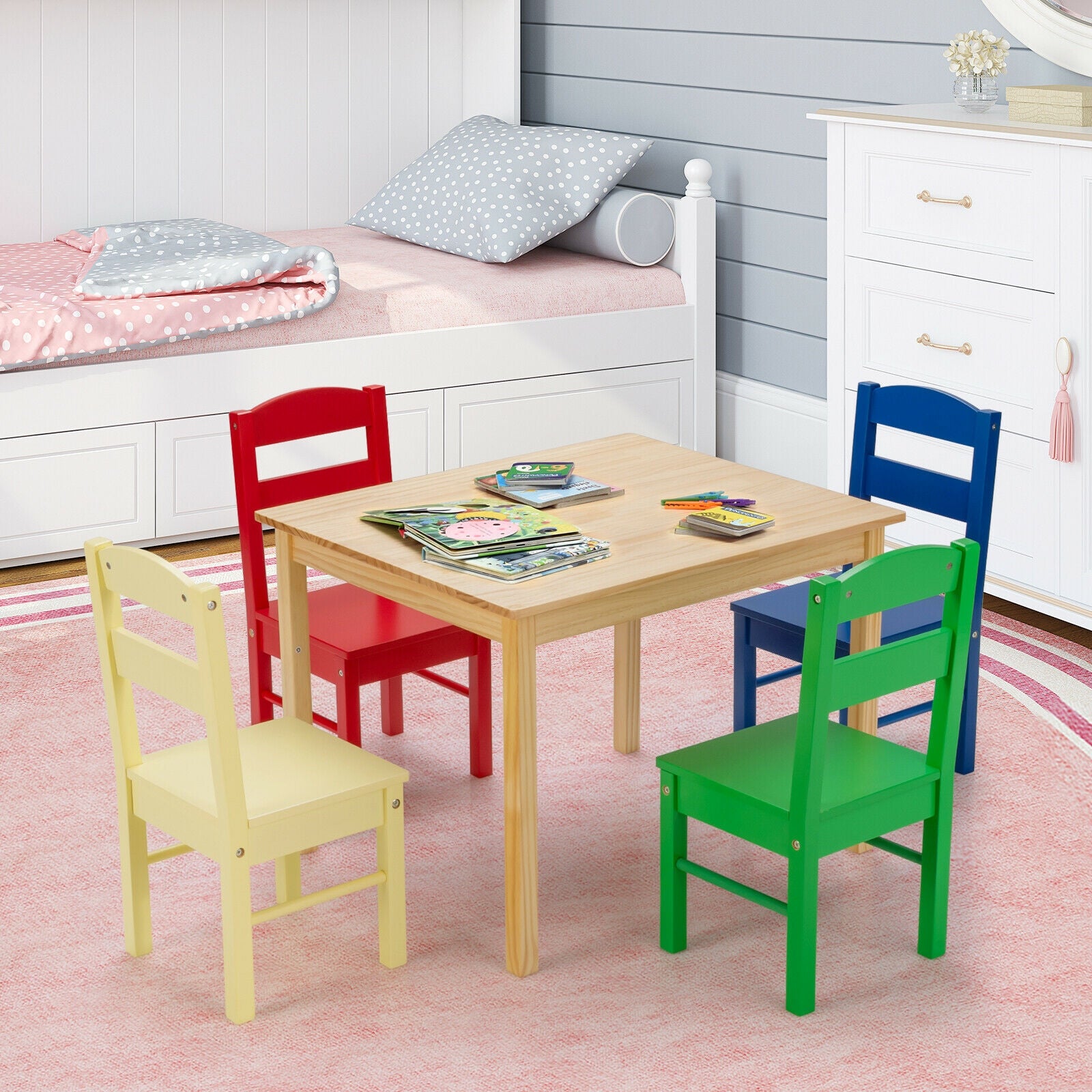 5 Pieces Kids Pine Wood Multicolor Table Chair Set-MulticolorÂ