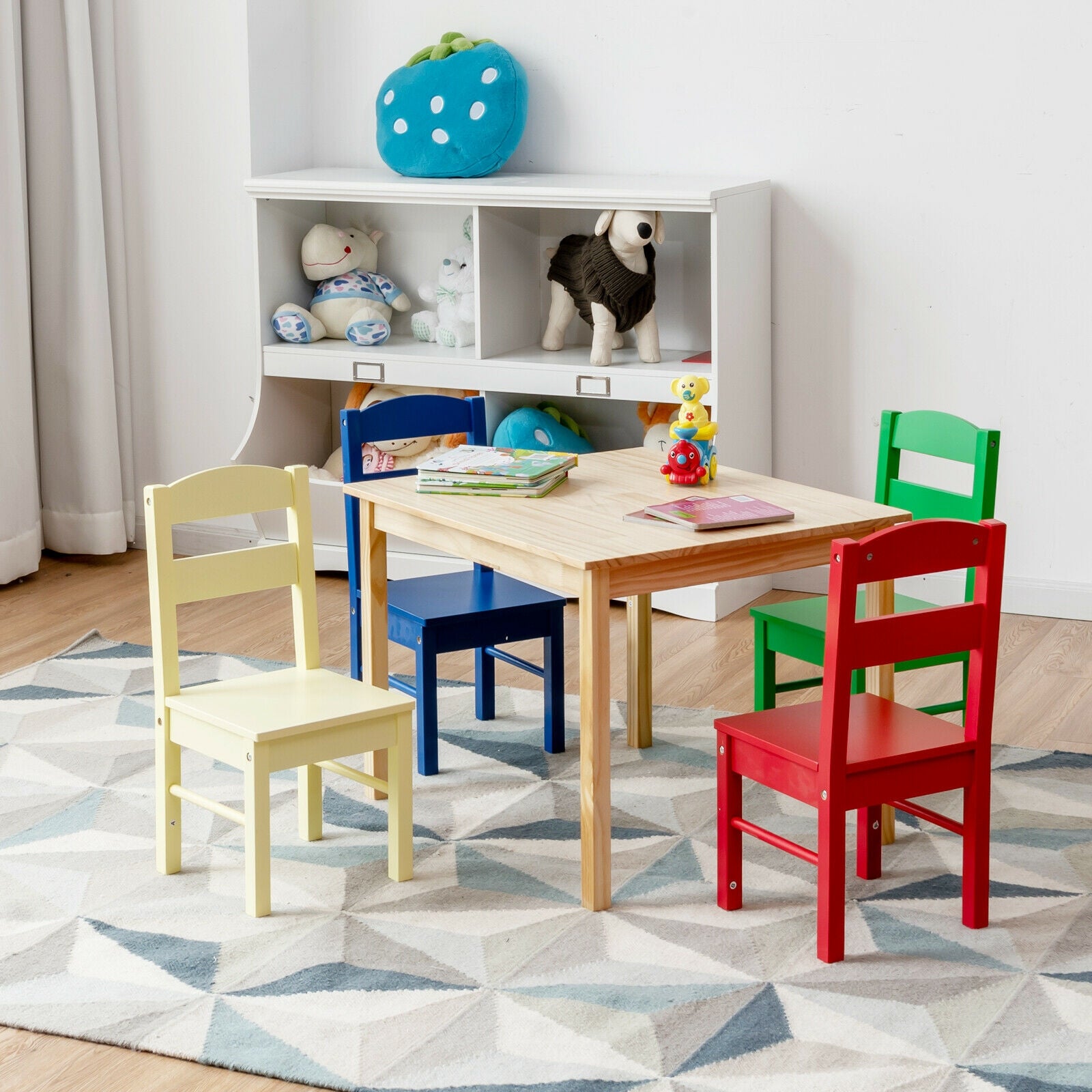 5 Pieces Kids Pine Wood Multicolor Table Chair Set-MulticolorÂ