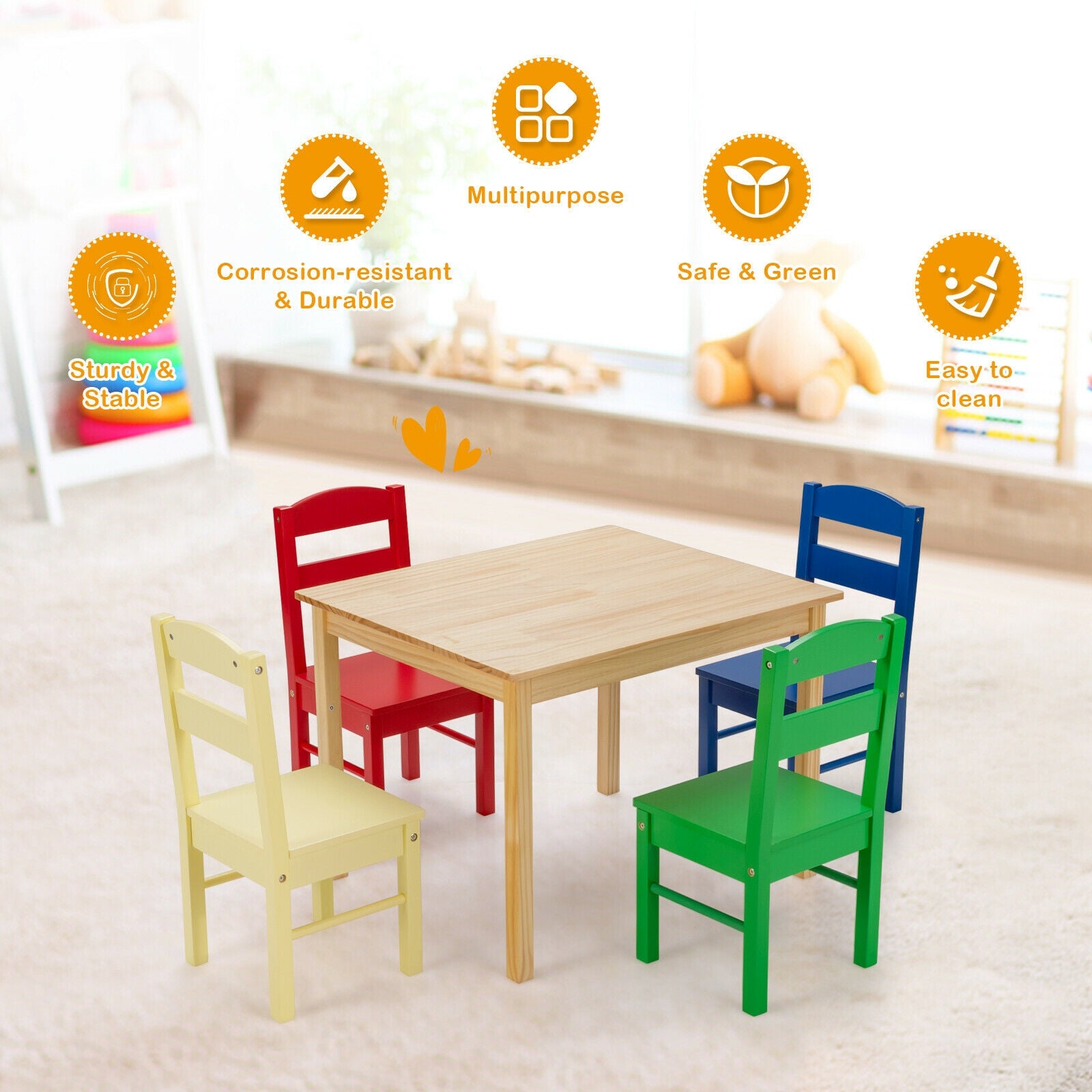 5 Pieces Kids Pine Wood Multicolor Table Chair Set-MulticolorÂ