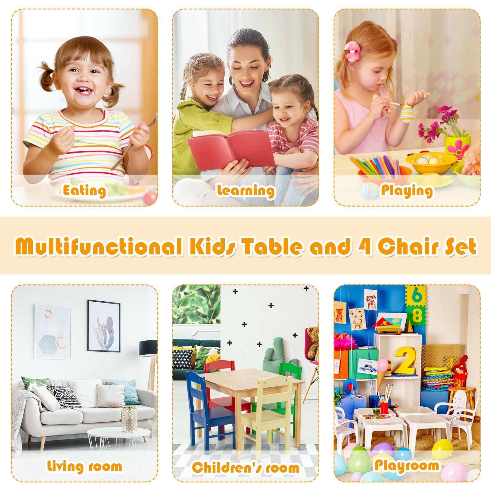 5 Pieces Kids Pine Wood Multicolor Table Chair Set-MulticolorÂ