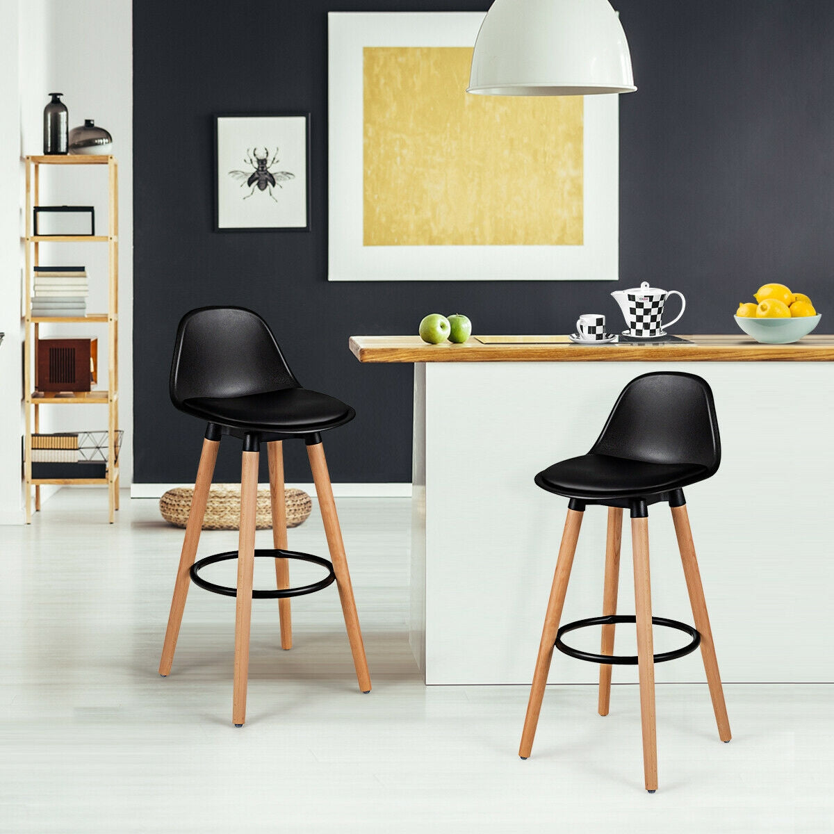 2 Pieces Mid Century Barstool 28.5 Inches Dining Pub Chair-BlackÂ