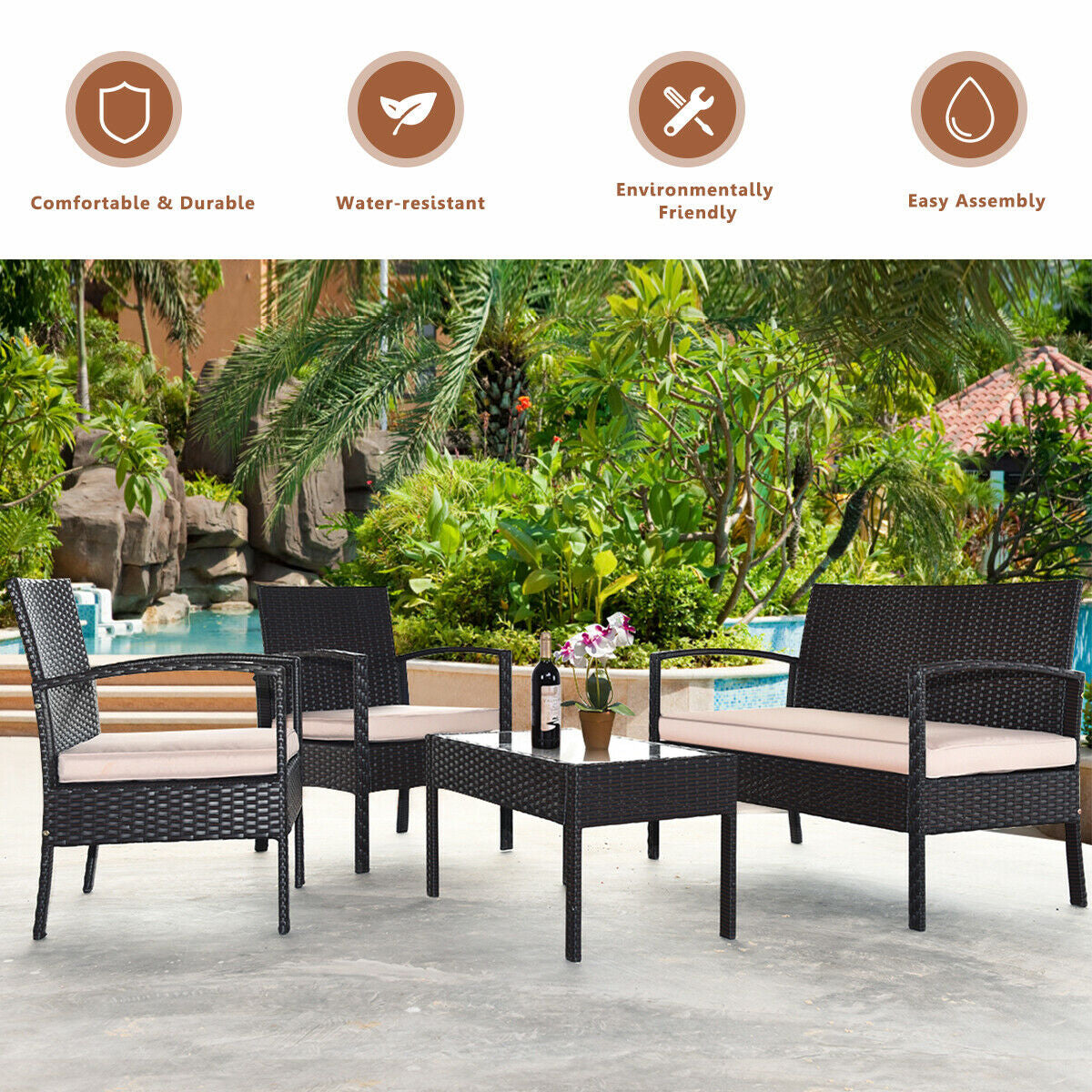 4 Pieces Patio Ratten Conversation Set with Loveseat Sofas and Coffee TableÂ