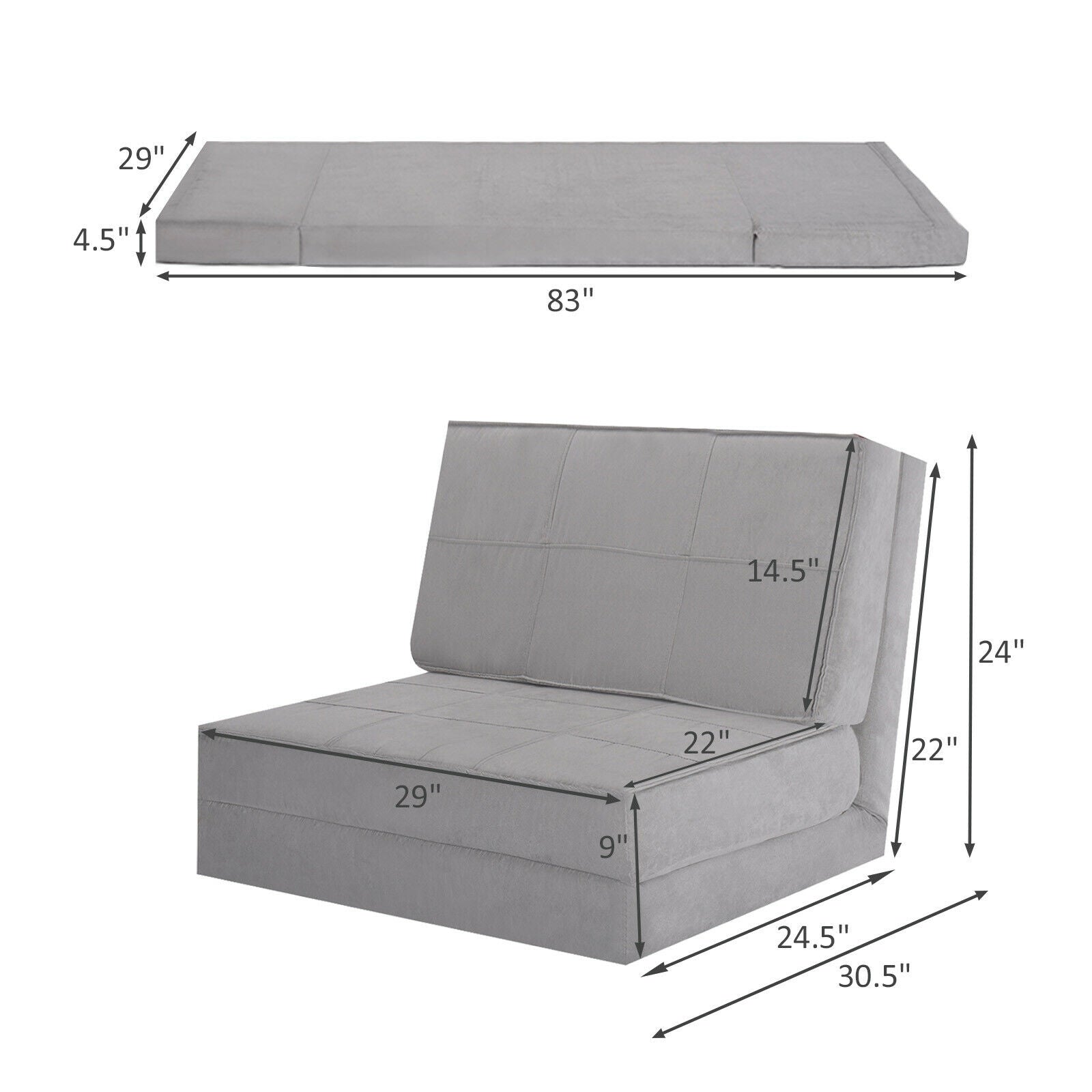 Convertible Lounger Folding Sofa Sleeper Bed-GrayÂ