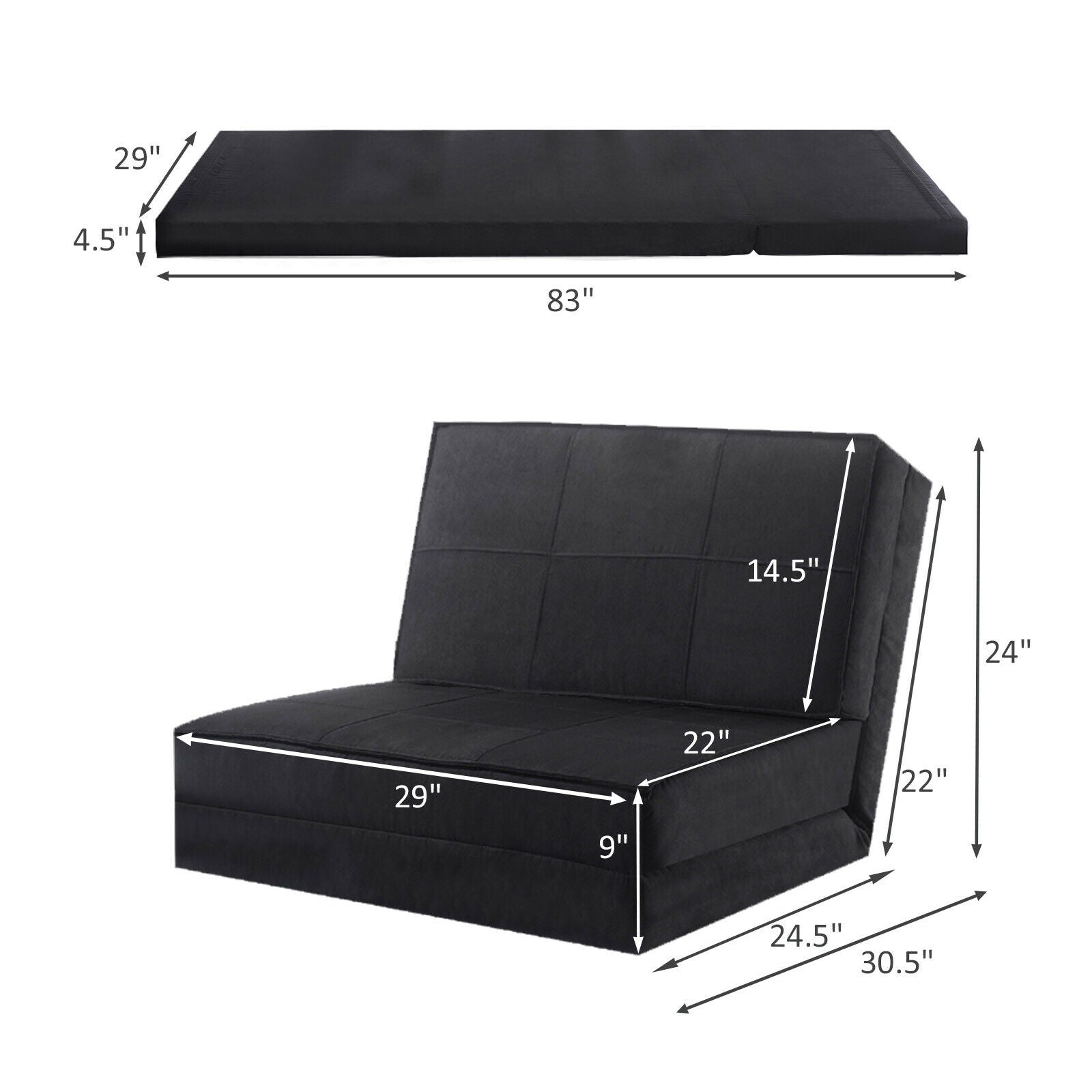 Convertible Lounger Folding Sofa Sleeper Bed-BlackÂ