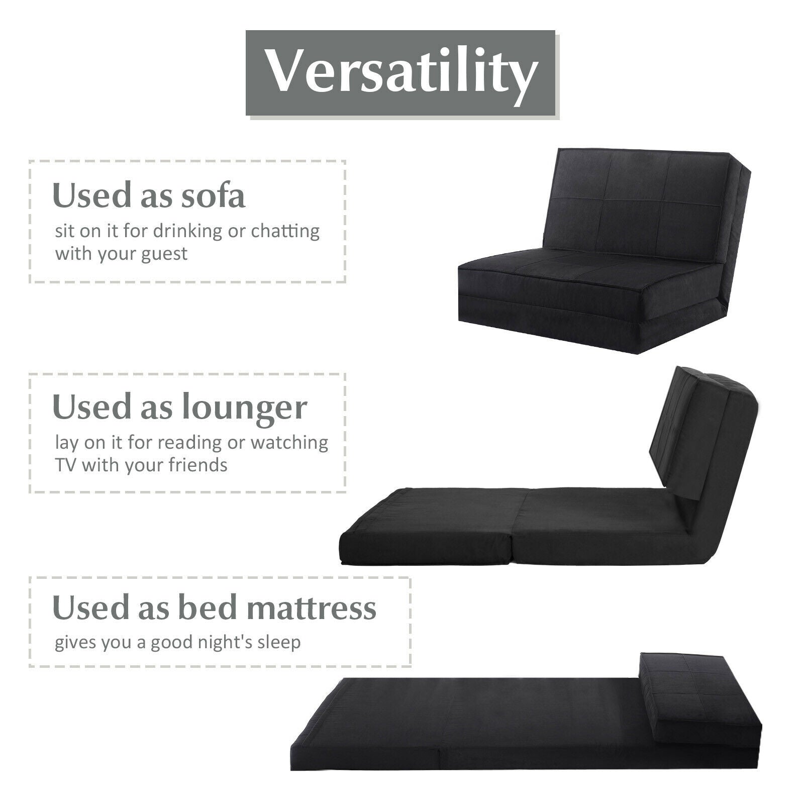 Convertible Lounger Folding Sofa Sleeper Bed-BlackÂ