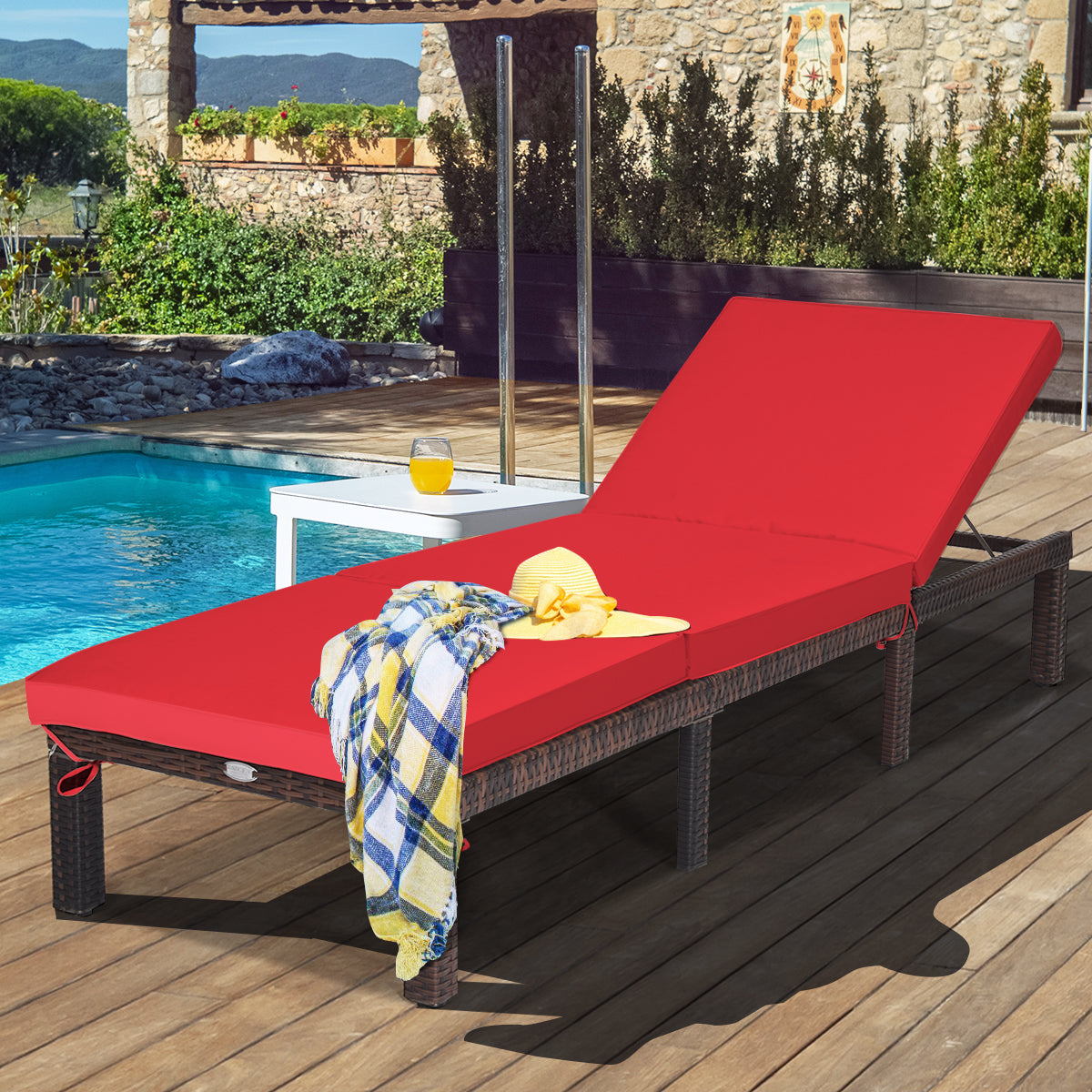 Outdoor Rattan Adjustable Cushioned Chaise-RedÂ
