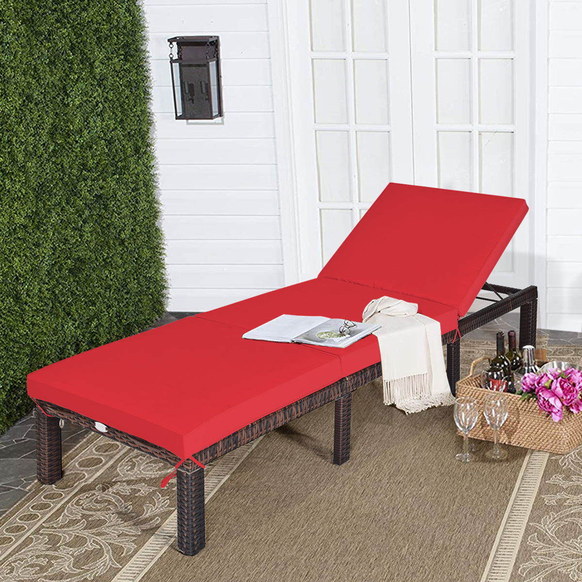 Outdoor Rattan Adjustable Cushioned Chaise-RedÂ