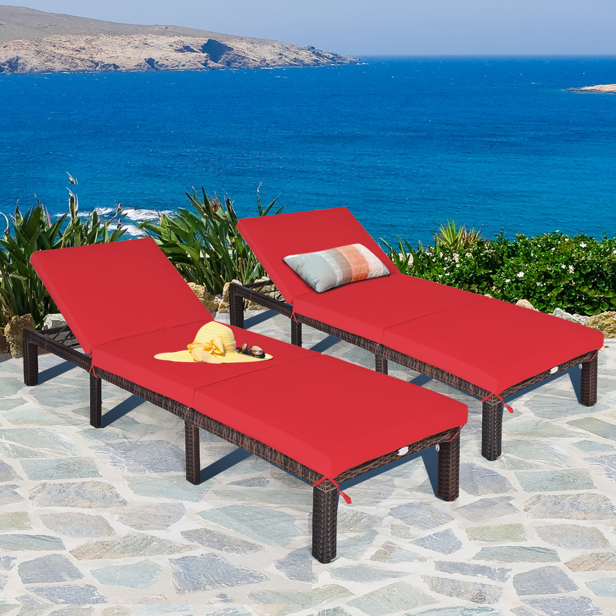 Outdoor Rattan Adjustable Cushioned Chaise-RedÂ