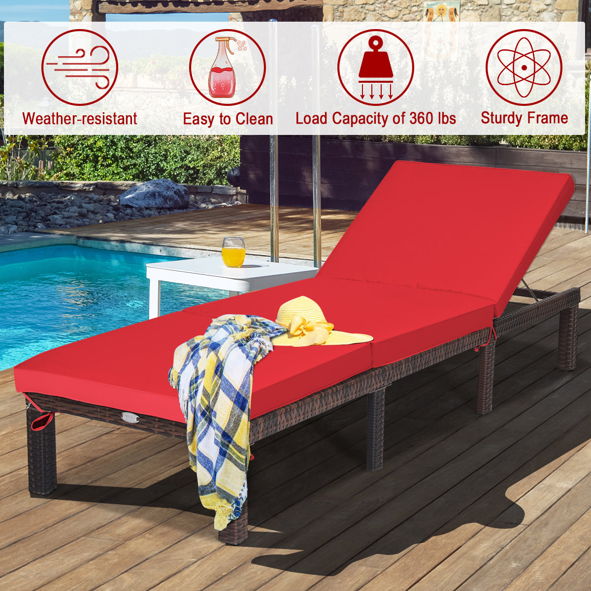 Outdoor Rattan Adjustable Cushioned Chaise-RedÂ