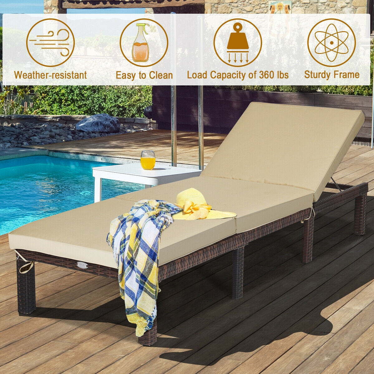 Outdoor Rattan Adjustable Cushioned ChaiseÂ