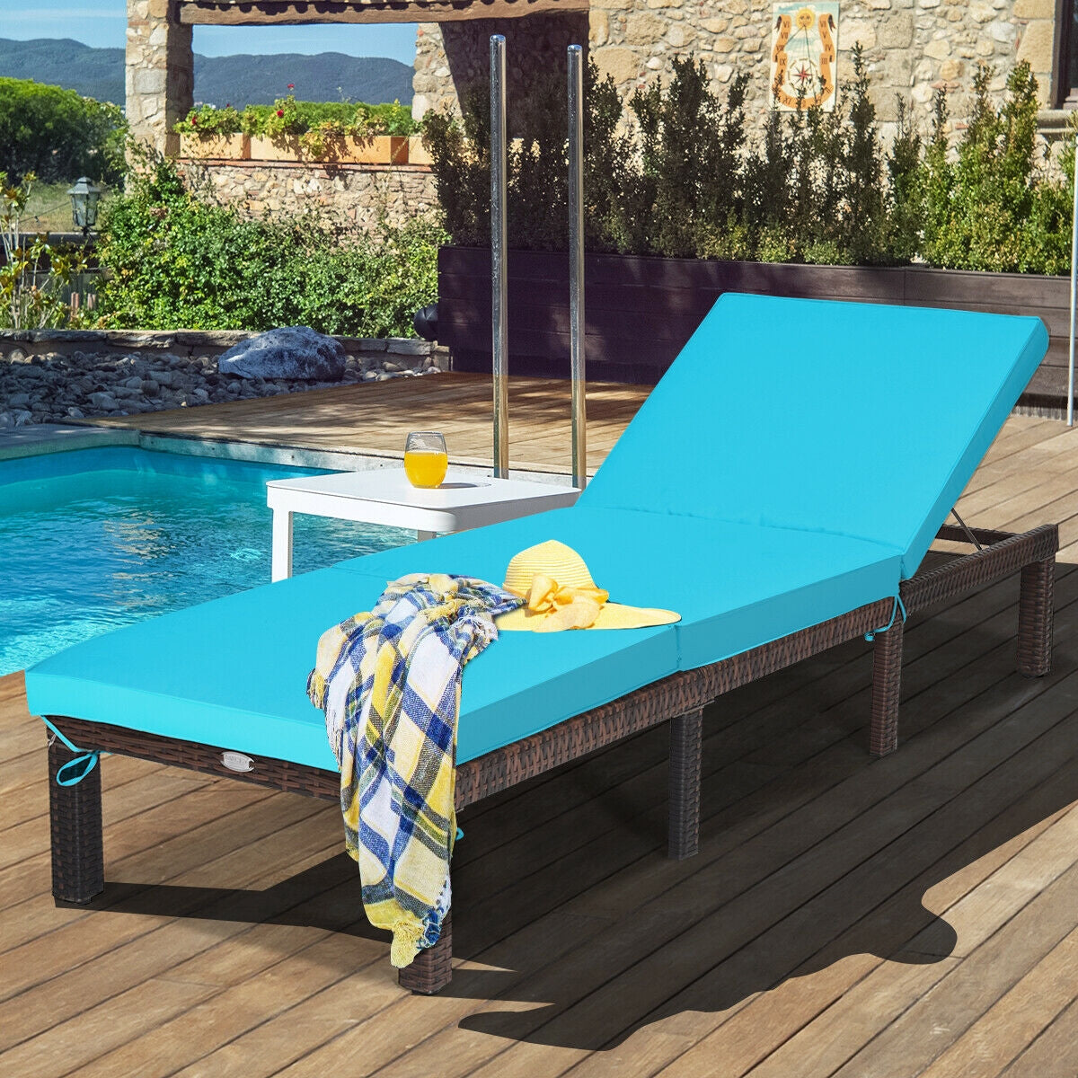 Outdoor Rattan Adjustable Cushioned Chaise-TurquoiseÂ