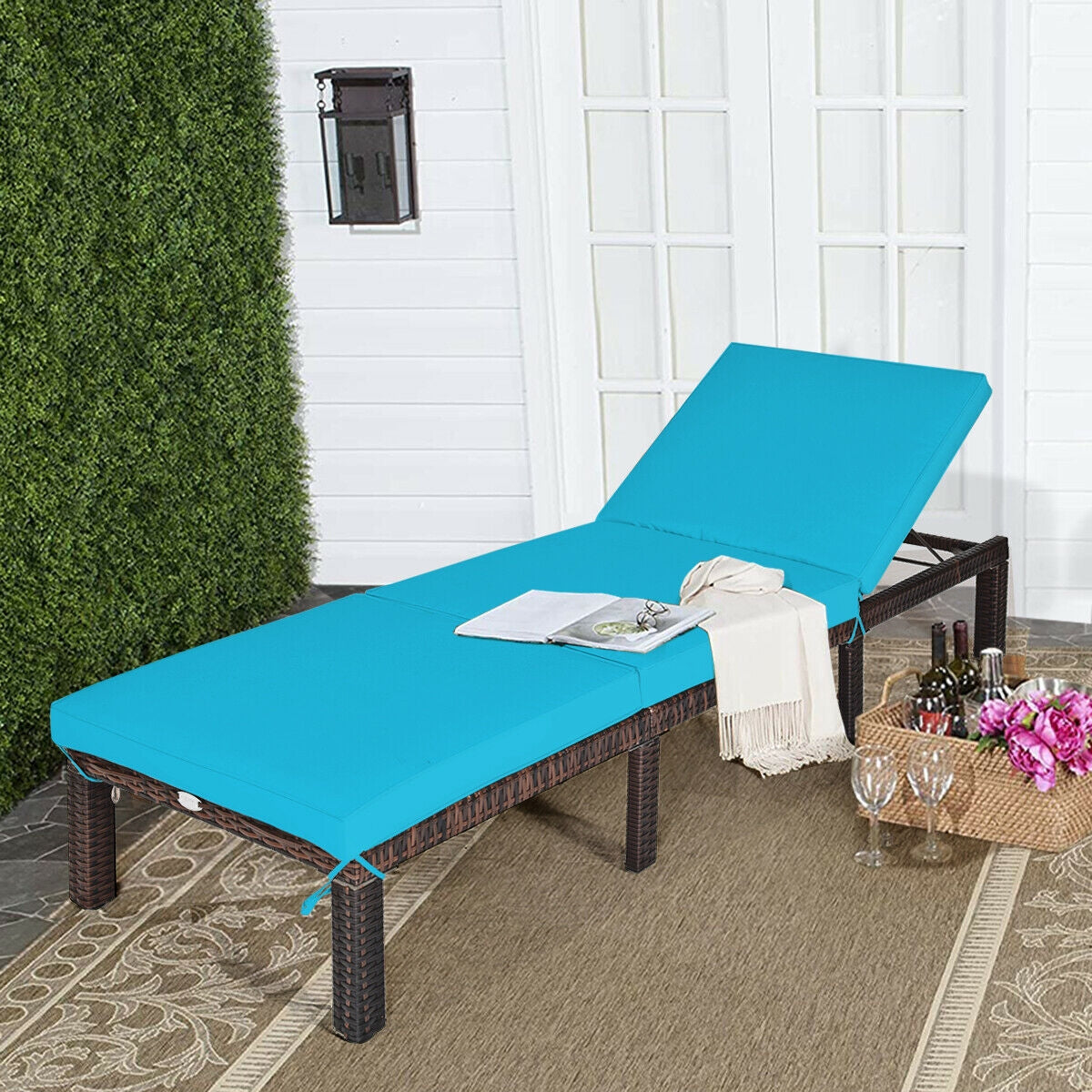 Outdoor Rattan Adjustable Cushioned Chaise-TurquoiseÂ