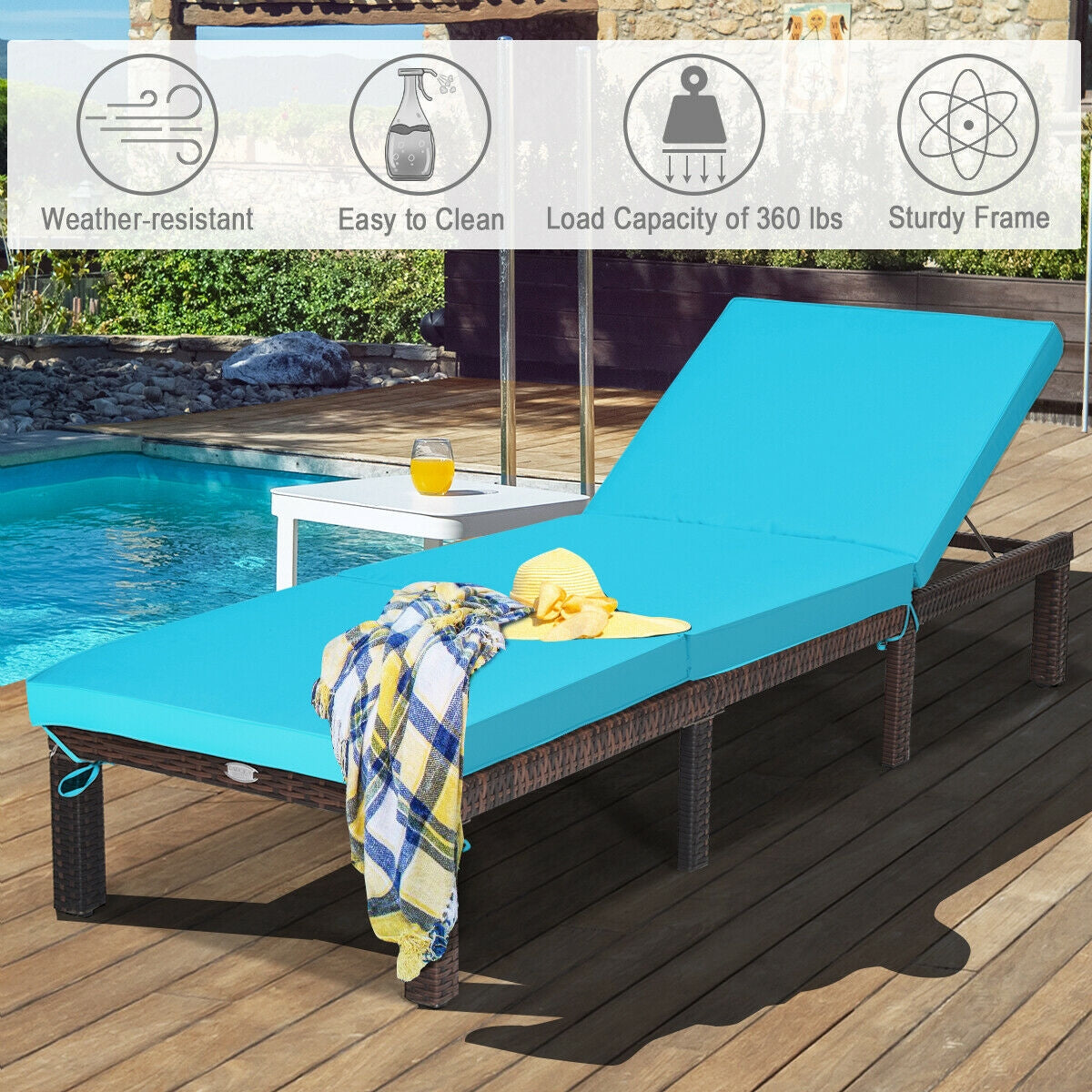 Outdoor Rattan Adjustable Cushioned Chaise-TurquoiseÂ