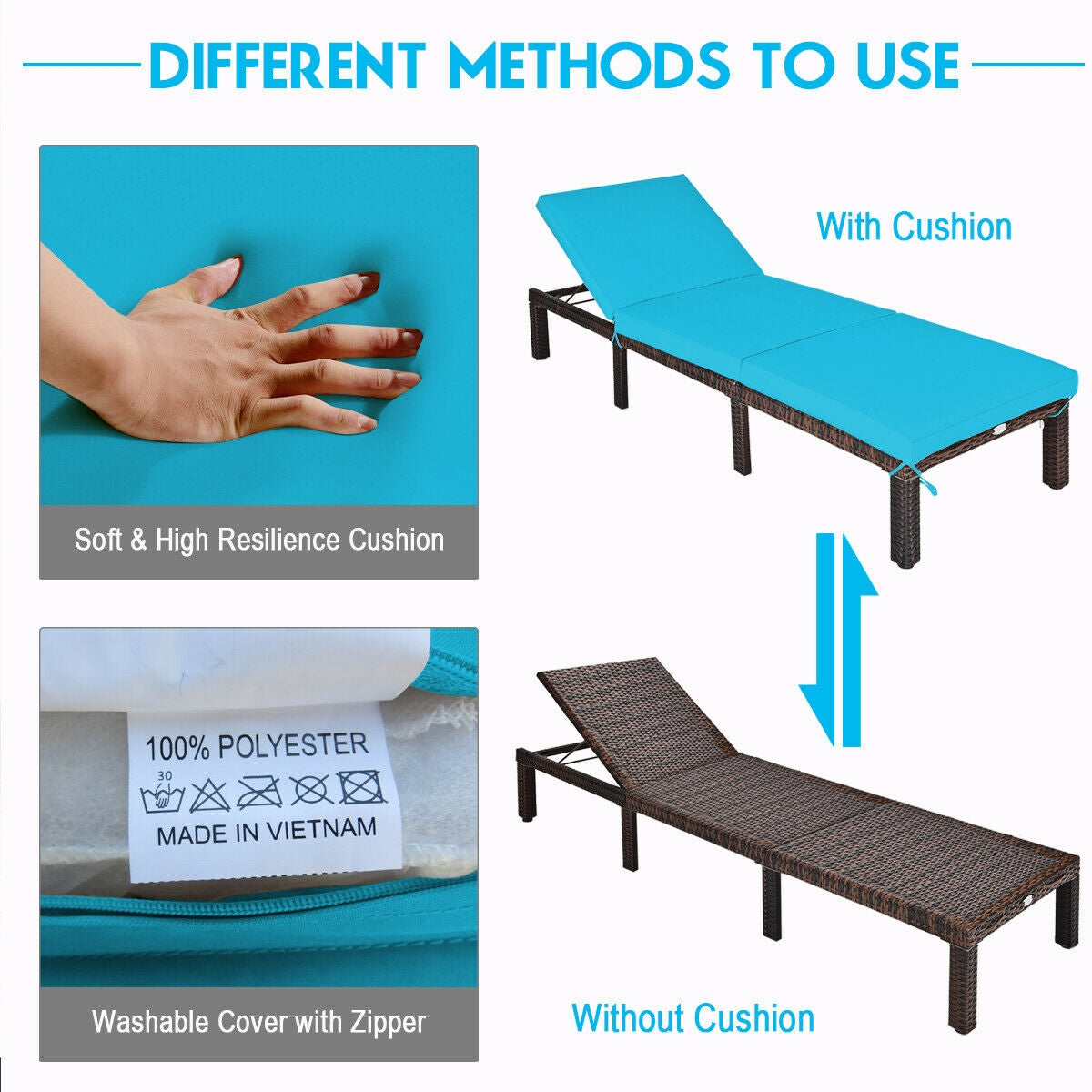 Outdoor Rattan Adjustable Cushioned Chaise-TurquoiseÂ