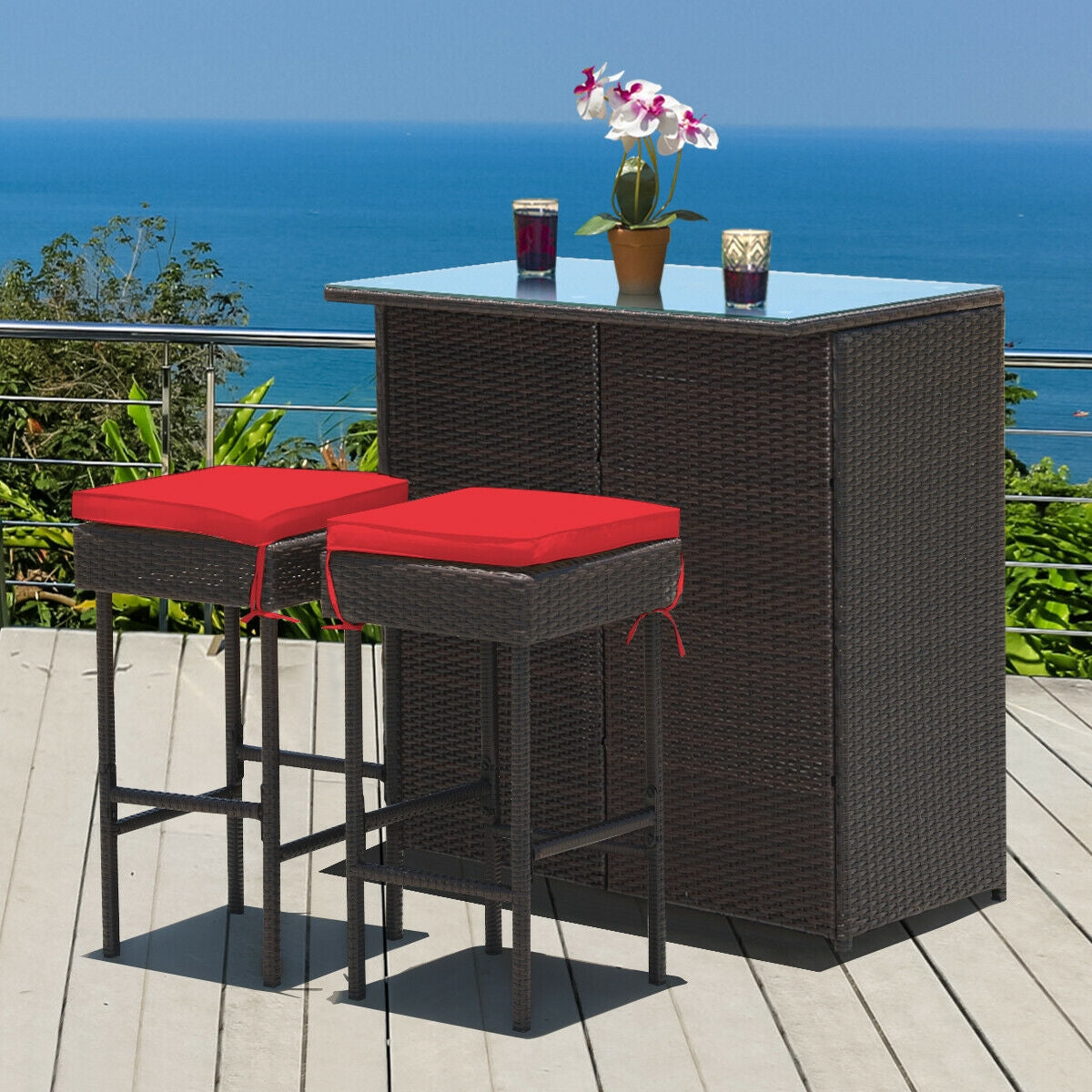 3 Pieces Patio Rattan Wicker Bar Table Stools Dining Set-RedÂ