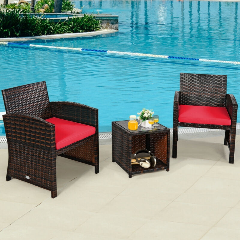 3 Pieces PE Rattan Wicker Furniture Set with Cushion Sofa Coffee Table for Garden-RedÂ