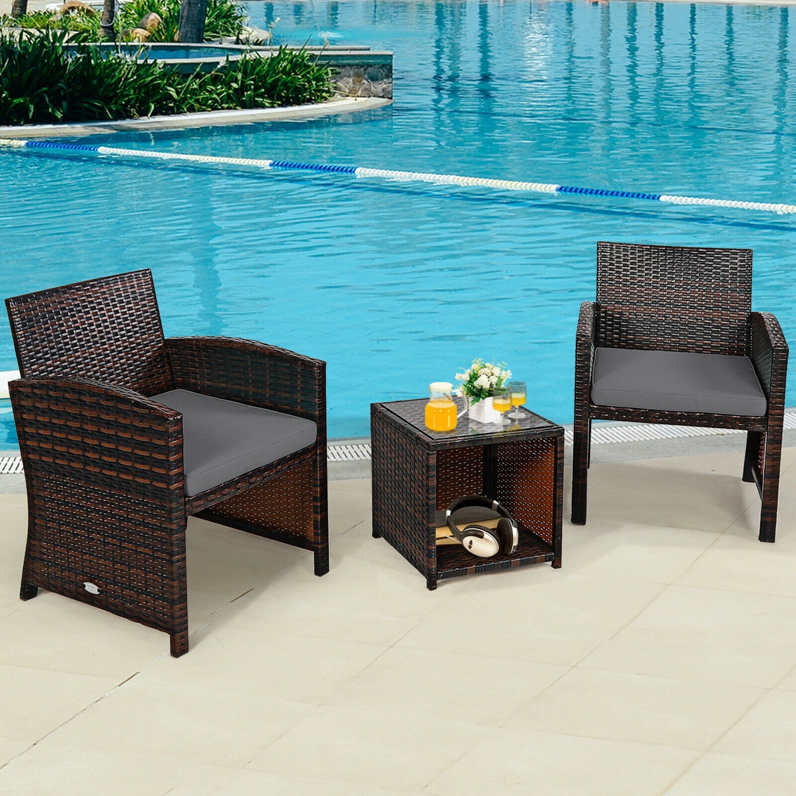 3 Pieces PE Rattan Wicker Furniture Set with Cushion Sofa Coffee Table for Garden-GrayÂ